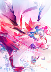 Rule 34 | 1girl, absurdres, arm support, artist name, bat wings, blue hair, blurry, chromatic aberration, depth of field, frills, hat, hat ribbon, high heels, highres, hinasumire, holding, holding weapon, looking at viewer, mob cap, nail polish, perspective, petticoat, puffy short sleeves, puffy sleeves, pumps, red eyes, red footwear, red nails, red ribbon, remilia scarlet, ribbon, serious, shoes, short hair, short sleeves, skirt, solo, spear the gungnir, stiletto heels, thighhighs, touhou, water, weapon, white thighhighs, wings, wrist cuffs