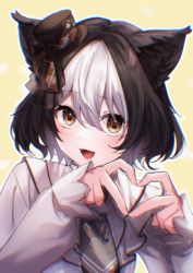 Rule 34 | 1girl, :d, animal ear fluff, animal ears, animal print, black hair, black hat, black necktie, bow, brown background, brown bow, brown eyes, copyright request, hair between eyes, hands up, hat, hat bow, heart, heart hands, highres, kitasaya ai, long sleeves, multicolored hair, necktie, open mouth, outline, plaid, plaid bow, print necktie, puffy long sleeves, puffy sleeves, rabbit print, shirt, sleeves past wrists, smile, solo, tilted headwear, two-tone hair, virtual youtuber, white hair, white outline, white shirt