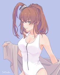 Rule 34 | 1girl, blue eyes, breasts, brown hair, casual one-piece swimsuit, cleavage, commentary request, cowboy shot, grey background, grey towel, hair between eyes, hair ornament, ichiroku (sakumogu-029), kantai collection, large breasts, looking at viewer, one-piece swimsuit, ponytail, saratoga (kancolle), side ponytail, sidelocks, simple background, smokestack, solo, swimsuit, towel, white one-piece swimsuit, white towel, zipper, zipper pull tab