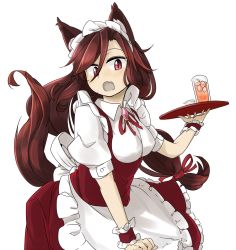 Rule 34 | 1girl, alternate costume, animal ears, apron, blush, breasts, brooch, brown hair, dress, enmaided, fang, glass, imaizumi kagerou, jewelry, long hair, maid, maid apron, maid headdress, open mouth, puffy short sleeves, puffy sleeves, short sleeves, simple background, solo, tail, touhou, tyouseki, underbust, white background, wolf ears, wolf tail, wrist cuffs