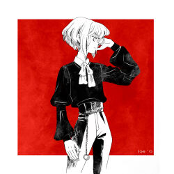 Rule 34 | 1boy, ascot, bad id, bad tumblr id, chain belt, collared shirt, cowboy shot, dress shirt, greyscale, greyscale with colored background, hand in own hair, highres, ichiman, lio fotia, long sleeves, male focus, monochrome, pants, profile, promare, red background, shirt, short hair, short hair with long locks, sidelocks, simple background, solo