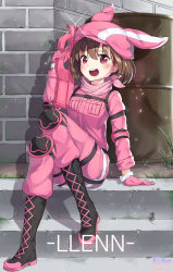 Rule 34 | 1girl, :d, absurdres, animal ears, animal hat, arm at side, arm strap, black footwear, blush, boots, breast pocket, brick wall, bullpup, character name, cross-laced footwear, dated, day, drum (container), elbow pads, full body, fur-trimmed gloves, fur-trimmed headwear, fur trim, gloves, grass, gun, hair between eyes, hat, highres, holding, holding gun, holding weapon, jacket, kimyo, knee boots, knee up, lace-up boots, light particles, llenn (sao), long sleeves, looking at viewer, open mouth, outdoors, p-chan (p90), p-chan (sao), p90, pants, personal defense weapon, pink gloves, pink hat, pink jacket, pink pants, pocket, rabbit ears, rabbit hat, round teeth, shadow, short hair, signature, sitting, smile, solo, stairs, submachine gun, sword art online, sword art online alternative: gun gale online, tareme, teeth, trigger discipline, upper teeth only, weapon
