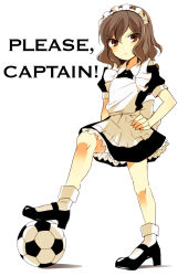Rule 34 | 1boy, androgynous, ball, brown eyes, brown hair, crossdressing, hand on own hip, hard-translated, hip focus, inazuma eleven, inazuma eleven (series), maid, maid headdress, male focus, shindou takuto, simple background, soccer ball, solo, third-party edit, translated, trap, uramakaron, white background