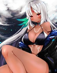Rule 34 | 1girl, azur lane, bad id, bad pixiv id, bikini, bikini top only, black bikini, blush, bodypaint, breasts, cleavage, cloud, collarbone, commentary, dark-skinned female, dark skin, english commentary, facepaint, jacket, kairi630, large breasts, long hair, looking at viewer, massachusetts (azur lane), native american, night, off shoulder, open clothes, open jacket, outdoors, red eyes, sitting, solo, swimsuit, thighs, very long hair, white hair, zipper