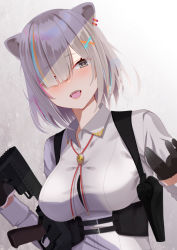 Rule 34 | 1girl, animal ears, black gloves, blush, breasts, collared shirt, ear piercing, fangs, gloves, grey eyes, grey hair, gun, hair over one eye, highres, hololive, kiko (okuwae), large breasts, lion ears, lion girl, long sleeves, looking at viewer, multicolored hair, official alternate costume, open mouth, piercing, shirt, shishiro botan, shishiro botan (button-down), short hair, smile, solo, streaked hair, virtual youtuber, weapon, white shirt