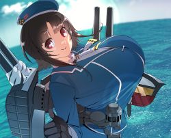 Rule 34 | 1girl, ascot, beret, black gloves, black hair, blue jacket, blunt bangs, breasts, cannon, gloves, hat, highres, huge breasts, jacket, kantai collection, looking at viewer, machinery, military, military uniform, miniskirt, naze, neckerchief, ocean, outdoors, red eyes, rigging, short hair, sidelocks, skirt, sky, smile, solo, takao (kancolle), thumbs up, uniform