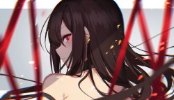 Rule 34 | 1girl, arm strap, back, bare shoulders, black dress, blush, brown hair, choker, closed mouth, dress, earrings, fate/grand order, fate (series), highres, jewelry, long hair, looking back, multiple earrings, red eyes, solo, spider apple, very long hair, yu mei-ren (fate)