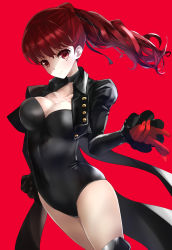Rule 34 | 1girl, arm up, black coat, black leotard, black thighhighs, boots, breasts, brown eyes, brown hair, choker, cleavage, coat, coattails, gloves, highres, leotard, long hair, persona, persona 5, persona 5 the royal, ponytail, red background, red gloves, ribbon, rikudou inuhiko, simple background, smile, solo, thigh boots, thighhighs, thighs, upper body, yoshizawa kasumi