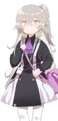 Rule 34 | 1girl, animal bag, bag, black dress, blush, brown eyes, closed mouth, collared dress, commentary, dress, girls&#039; frontline, grey hair, hair between eyes, highres, long hair, looking at viewer, official alternate costume, one side up, pantyhose, purple neckwear, shoulder bag, simple background, solo, tosyeo, ump45 (agent lop rabbit) (girls&#039; frontline), ump45 (girls&#039; frontline), v-shaped eyebrows, very long hair, white background, white pantyhose