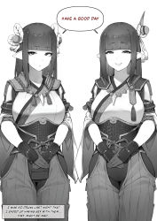 Rule 34 | 2girls, absurdres, blunt bangs, english text, gloves, greyscale, hair ornament, highres, hinoa, japanese clothes, kotoribako, long hair, looking at viewer, minoto, monochrome, monster hunter (series), monster hunter rise, multiple girls, own hands clasped, own hands together, pointy ears, shared speech bubble, siblings, sisters, smile, speech bubble, twins