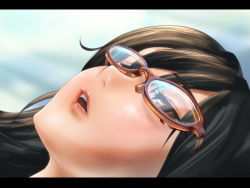 Rule 34 | 1girl, bad id, bad pixiv id, blush, brown-framed eyewear, brown eyes, brown hair, close-up, glasses, kabeu mariko, letterboxed, looking up, open mouth, original, solo