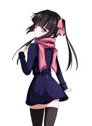 Rule 34 | 1girl, black hair, black thighhighs, blaze (blaze pso2), blush, closed mouth, hair ornament, hair ribbon, highres, long hair, looking at viewer, looking back, red eyes, ribbon, scarf, senki zesshou symphogear, simple background, solo, thighhighs, tsukuyomi shirabe, white background
