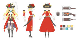Rule 34 | 1girl, absurdres, antique firearm, arms at sides, ascot, belt, blonde hair, blue eyes, blunderbuss, boots, braid, color guide, epaulettes, firearm, firelock, flat color, flintlock, fringe trim, from behind, from side, full body, gun, hat, high heel boots, high heels, highres, long hair, multiple views, nail polish, original, pirate, pirate hat, plume, redlagon, saber (weapon), sheath, sheathed, sword, thighhighs, twin braids, weapon
