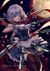 Rule 34 | 1girl, 7lark, bow, braid, character name, artistic error, full moon, garter straps, gloves, hair bow, hair ribbon, holding, izayoi sakuya, knife, looking at viewer, maid, maid headdress, moon, night, night sky, parted lips, red eyes, red scarf, ribbon, scarf, silver hair, sky, smile, solo, star (sky), starry sky, touhou, twin braids, typo, white gloves
