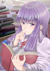 Rule 34 | 1girl, absurdres, book, book stack, dated, eyes visible through hair, hair ribbon, hand on own cheek, hand on own face, highres, light frown, long hair, long sleeves, no headwear, no headwear, open book, patchouli knowledge, purple eyes, purple hair, reading, ribbon, robe, rushian, sidelocks, signature, solo, touhou, tress ribbon
