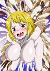 Rule 34 | 1girl, animal ears, arm grab, bed, bent over, blonde hair, blush, bouncing breasts, breasts, carrot (one piece), cum, cum in pussy, ejaculation, furry, gradient background, hanging breasts, highres, large breasts, legs, looking at viewer, nel-zel formula, nipples, nude, one piece, open mouth, cum overflow, pale skin, rabbit ears, red eyes, sex, short hair, simple background, solo focus, standing, sweat, tears, thighs, vaginal