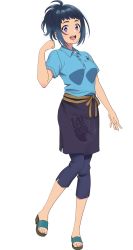 Rule 34 | 1girl, absurdres, apron, blue hair, blush, full body, highres, incredibly absurdres, light blue shirt, looking at viewer, open mouth, ponytail, purple eyes, sandals, shiroi suna no aquatope, short hair, short sleeves, smile, standing, teruya tsukimi, toes