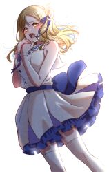 Rule 34 | 1girl, back bow, blonde hair, blue ribbon, bow, bracelet, braid, commentary request, crown braid, dress, hair ribbon, highres, jewelry, long hair, love live!, love live! sunshine!!, nakaya rei, ohara mari, open mouth, own hands together, ribbon, short dress, sidelighting, simple background, single bang, single hair ring, sleeveless, sleeveless dress, solo, tears, teeth, thighhighs, upper teeth only, white background, white dress, white thighhighs, yellow eyes