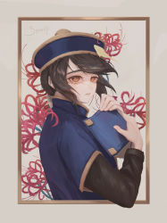 Rule 34 | 1boy, absurdres, black shirt, blue jacket, bongun, book, border, brown eyes, brown hair, closed mouth, commentary request, flower, framed, hat, highres, holding, holding book, jacket, jiangshi, long sleeves, looking at viewer, looking back, male focus, medium hair, ofuda, qingdai guanmao, ragnarok online, red flower, sandwich (3meiji), shirt, signature, solo, spider lily, upper body, white background, white border