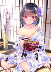 1girl black_hair blush breasts cleavage collarbone colored_inner_hair commentary_request floral_print floral_print_kimono flower hair_flower hair_ornament highres japanese_clothes kimono kobayashi_chisato long_sleeves looking_at_viewer medium_breasts multicolored_hair open_mouth original print_kimono purple_flower purple_hair purple_kimono red_eyes short_hair shouji sitting sliding_doors socks solo vase white_socks wide_sleeves wooden_floor