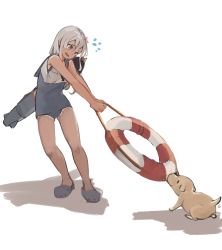 Rule 34 | 1girl, 1other, absurdres, acccty, black one-piece swimsuit, black sailor collar, blonde hair, blue eyes, crop top, dog, flower, full body, hair flower, hair ornament, highres, kantai collection, lifebuoy, long hair, one-piece swimsuit, one-piece tan, ro-500 (kancolle), sailor collar, sandals, school swimsuit, shirt, simple background, sleeveless, sleeveless shirt, swim ring, swimsuit, swimsuit under clothes, tan, tanline, white background
