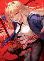 Rule 34 | 1girl, :d, absurdres, black necktie, black pants, blonde hair, blood, blue jacket, breasts, chainsaw man, demon horns, hair between eyes, hemokinesis, highres, holding, holding weapon, horns, jacket, long hair, long sleeves, looking at viewer, medium breasts, necktie, noyu (noyu23386566), open clothes, open jacket, open mouth, pants, power (chainsaw man), sharp teeth, shirt, shoes, smile, solo, teeth, weapon, white shirt, yellow eyes