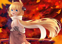 Rule 34 | 1girl, absurdres, arms behind back, autumn leaves, azur lane, bare shoulders, blonde hair, blue eyes, brown coat, coat, coat dress, ebichiri sunday, enpera, hair ornament, hairclip, highres, huge filesize, laurel crown, leaf, long hair, looking at viewer, maple leaf, off shoulder, official alternate costume, open mouth, purple sweater, ribbed sweater, scarf, sleeveless, sleeveless sweater, smile, solo, sweater, sweater vest, taut sweater vest, upper body, very long hair, victorious (azur lane), victorious (the goddess&#039; day off) (azur lane), white scarf