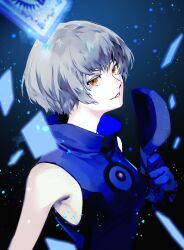 Rule 34 | 1girl, armpit crease, blue dress, blue gloves, blue theme, colored eyelashes, dress, elizabeth (persona), from side, gloves, glowing, gradient background, hat, holding, holding clothes, holding hat, light particles, looking at viewer, lor (roasyerizyonirapi), parted lips, persona, persona 3, short hair, sleeveless, sleeveless dress, smile, solo, tarot, tarot (card), turtleneck, turtleneck dress, unworn headwear, upper body, white hair, yellow eyes