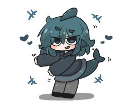 Rule 34 | +++, 1girl, black footwear, black hoodie, blue eyes, blue hair, blush, chibi, commentary request, dancing, fins, fish tail, fuka-chan, full body, grey pantyhose, grey skirt, grin, hair between eyes, heart, highres, hood, hood down, hoodie, long sleeves, looking at viewer, original, outstretched arms, pantyhose, shadow, shark tail, sharp teeth, shoes, short eyebrows, simple background, skirt, sleeves past wrists, smile, solo, standing, tail, teeth, thick eyebrows, uni souchou, white background