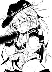 Rule 34 | 10s, 1girl, ai takurou, anchor symbol, bare shoulders, blush, clothes pull, ehoumaki, food, groin, hand in own hair, hat, hibiki (kancolle), image sample, kantai collection, long hair, long sleeves, makizushi, military hat, monochrome, navel, off shoulder, open mouth, saliva, saliva trail, school uniform, serafuku, sexually suggestive, simple background, skirt, skirt pull, solo, sushi, tagging in progress, white background