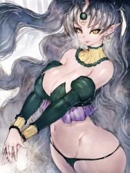 Rule 34 | bare shoulders, bishoujo senshi sailor moon, breasts, curvy, detached sleeves, earrings, fumio (rsqkr), highres, jewelry, large breasts, long hair, looking at viewer, midriff, navel, nehelenia (sailor moon), pointy ears, silver hair, slit pupils, smile, solo, very long hair, wide hips, yellow eyes