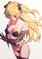 Rule 34 | 1girl, amano don, bare shoulders, bikini, black bikini, black gloves, black nails, black thighhighs, blonde hair, breasts, closed mouth, collarbone, cowboy shot, detached sleeves, eyepatch, fischl (genshin impact), genshin impact, gloves, green eyes, hair ornament, hair over one eye, highleg, highleg bikini, highres, long hair, looking at viewer, nail polish, simple background, single glove, small breasts, solo, string bikini, swimsuit, thighhighs, two side up, very long hair, white background