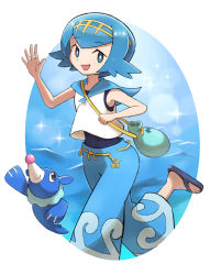 Rule 34 | 1girl, :d, blue eyes, blue hair, blue pants, blue sailor collar, border, bright pupils, commentary request, creatures (company), eko000ohce, flip-flops, freckles, game freak, gen 7 pokemon, green bag, hairband, highres, holding strap, lana (pokemon), looking at viewer, nintendo, no sclera, one-piece swimsuit, open mouth, pants, pokemon, pokemon (creature), pokemon sm, popplio, sailor collar, sandals, shirt, short hair, sleeveless, sleeveless shirt, smile, swimsuit, swimsuit under clothes, wave print, white border, white pupils, white shirt, yellow hairband
