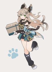 Rule 34 | 1girl, :3, absurdres, ahoge, black leg warmers, black shorts, black tank top, box, cat feet, cat girl, cat tail, closed mouth, commentary request, detached sleeves, foot up, genshin impact, green eyes, green skirt, hair ornament, hairclip, highres, holding, holding box, kirara (genshin impact), light brown hair, long hair, looking at viewer, multiple tails, origami gyokuo, shorts, simple background, skirt, solo, star (symbol), star hair ornament, tail, tank top, two tails