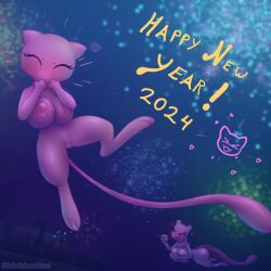 Rule 34 | 2024, 2girls, blubluumon, blush, breasts, closed eyes, colored skin, creatures (company), fireworks, flying, game freak, gen 1 pokemon, giggling, hand on breasts, hands on own face, happy new year, legendary pokemon, long tail, mew (pokemon), mewtwo, multiple girls, mythical pokemon, new year, nintendo, pink skin, pokemon, purple eyes, purple skin, tail
