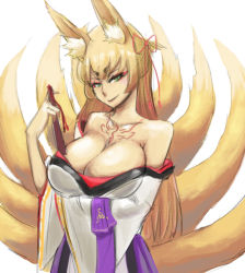 Rule 34 | 1girl, aged up, animal ear fluff, animal ears, bare shoulders, blonde hair, breast hold, breasts, cleavage, closed mouth, cowboy shot, eyebrows, eyeliner, folding fan, fox ears, fox tail, green eyes, hair ornament, hair ribbon, hakama, hakama skirt, hand fan, hand up, hikimayu, holding, holding fan, japanese clothes, kimono, kitsune, kyuubi, large breasts, light smile, long hair, long sleeves, looking at viewer, makeup, mon-musu quest!, multiple tails, off shoulder, one side up, ribbon, sash, simple background, sketch, skirt, smile, smirk, solo, spoilers, standing, tail, tamamo (mon-musu quest!), tassel, tattoo, torotoro resistance, very long hair, white background, wide sleeves, wizard898