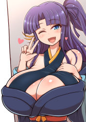 Rule 34 | 1girl, bare shoulders, blue eyes, borrowed character, breasts, cleavage, female focus, heart, highres, huge breasts, indoors, japanese clothes, kimono, looking at viewer, one eye closed, open mouth, ponponmaru, purple hair, revealing clothes, side ponytail, solo, standing, upper body, v, wink, yukata
