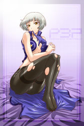 Rule 34 | 1girl, atlus, bare shoulders, blush, breasts, cleavage, elizabeth (persona), feet, gloves, highres, large breasts, pantyhose, persona, persona 3, persona 3 portable, segami daisuke, short hair, silver hair, sleeveless, solo, thighband pantyhose, torn clothes, torn pantyhose, undressing, yellow eyes