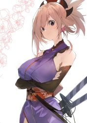 Rule 34 | 1girl, black eyes, blonde hair, breasts, commentary, crossed arms, detached sleeves, earrings, fate/grand order, fate (series), floral background, hair ornament, highres, japanese clothes, jewelry, katana, kimono, large breasts, long hair, looking at viewer, miyamoto musashi (fate), miyamoto musashi (first ascension) (fate), pisuta (yamashiro), ponytail, sheath, sheathed, sleeveless, sleeveless kimono, smile, solo, sword, upper body, weapon, weapon on back, white background