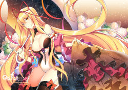 Rule 34 | 1girl, alternate costume, bare shoulders, black thighhighs, bow, breasts, cleavage, cleavage cutout, clothing cutout, detached sleeves, female focus, flower, garter straps, hair bow, hair ribbon, hydrangea, large breasts, long hair, looking at viewer, ribbon, roh nam kyung, sky, smile, solo, star (sky), starry sky, thighhighs, touhou, umbrella, yakumo yukari, yellow eyes