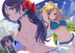 Rule 34 | 10s, 3girls, :o, arm up, armpits, ayase eli, back, bags under eyes, bikini, black hair, blonde hair, blue bikini, blue eyes, blue sky, blurry, blush, bokeh, bow, breast envy, breast suppress, breasts, closed mouth, cloud, day, depth of field, dutch angle, earrings, eyebrows, eyelashes, flat chest, flower, frilled bikini, frills, groin, hair bow, hair flower, hair ornament, halterneck, hibiscus, holding, innertube, jewelry, jitome, large breasts, lens flare, long hair, looking at another, looking at viewer, looking back, love live!, love live! school idol project, low twintails, multiple girls, name tag, navel, one-piece swimsuit, outdoors, pink hair, ponytail, print bikini, purple hair, red flower, road, school swimsuit, see-through, shirabi, sideboob, sky, smile, star (symbol), star print, stomach, street, stud earrings, sun, swept bangs, swim ring, swimsuit, tojo nozomi, tree, twintails, underboob, upper body, white bow, yazawa nico