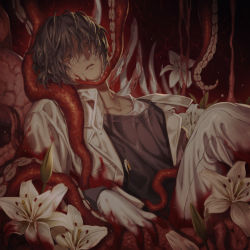 Rule 34 | 1boy, arknights, black hair, black shirt, blood, blood on clothes, blood on face, bud, commentary, dark-skinned male, dark skin, earclip, earrings, empty eyes, english commentary, feet out of frame, flower, hair over eyes, half-closed eyes, highres, jacket, jewelry, leaning back, lily (flower), looking at viewer, male focus, manjyufroth, necklace, off shoulder, open clothes, open jacket, pants, parted lips, shirt, short hair, sitting, solo, t-shirt, tentacles, tentacles on male, thorns (arknights), tooth necklace, undershirt, wet, wet hair, white flower, white jacket, white pants, yellow eyes