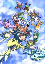 Rule 34 | 3girls, 5boys, :d, agumon, bird, blonde hair, blue hair, brown hair, bug, butterfly, cat, circle formation, cloud, commentary request, digimon, digimon (creature), digimon adventure, falling, flying, gabumon, glasses, glowing, goggles, goggles on head, gomamon, happy, head wings, highres, horns, hug, insect, ishida yamato, izumi koshiro, kido jo, long hair, looking at viewer, looking down, midair, multiple boys, multiple girls, open mouth, outstretched arms, palmon, patamon, piyomon, plant, reptile, short hair, single horn, sleeping, smile, spiked hair, spread arms, tachikawa mimi, tail, tailmon, takaishi takeru, takenouchi sora, takeuchi (rtakeuchi1535), tentomon, wings, yagami hikari, yagami taichi