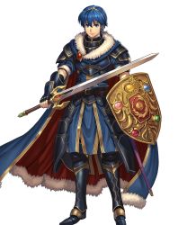 Rule 34 | 1boy, armor, armored boots, belt, blue eyes, blue hair, boots, cape, closed mouth, falchion (fire emblem), fingerless gloves, fire emblem, fire emblem: mystery of the emblem, fire emblem heroes, full body, fur trim, gloves, highres, holding, holding shield, holding sword, holding weapon, izuka daisuke, jewelry, light smile, looking at viewer, male focus, marth (fire emblem), nintendo, non-web source, official art, sheath, shield, short hair, short sleeves, shoulder armor, shoulder pads, sword, tiara, transparent background, weapon