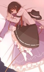 Rule 34 | 1girl, armband, bed sheet, black hat, black skirt, blush, bow, brown hair, collar, collared shirt, commentary request, dress, dress shirt, fedora, frilled dress, frilled skirt, frills, hat, hat bow, hat ribbon, highres, leash, long sleeves, lying, necktie, no shoes, on side, purple dress, red collar, red necktie, ribbon, shirt, short hair, skirt, sky, sleeping, socks, solo, star (sky), starry sky, touhou, unagi sango, unworn hat, unworn headwear, usami renko, white bow, white ribbon, white shirt, white socks