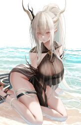 Rule 34 | 1girl, absurdly long hair, absurdres, arknights, bare shoulders, black one-piece swimsuit, breasts, brown eyes, commentary request, demon horns, hair branch, highres, horns, infection monitor (arknights), large breasts, long bangs, long hair, looking at viewer, official alternate costume, one-piece swimsuit, open mouth, outdoors, pointy ears, shallow water, shining (arknights), shining (silent night) (arknights), sitting, solo, sonna watashi, swimsuit, swimsuit cover-up, thigh strap, thighs, very long hair, water, yokozuwari