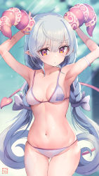 Rule 34 | 1girl, arm behind head, armor, armpits, bare arms, bare shoulders, bikini, blue hair, breasts, cowboy shot, demon girl, demon horns, demon tail, expressionless, gluteal fold, highres, horns, light blue hair, long hair, looking at viewer, navel, original, pink eyes, pink horns, pointy ears, saebashi, small breasts, solo, stomach, string bikini, swimsuit, tail, thigh gap, very long hair, wet, white bikini