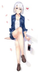 Rule 34 | 1girl, absurdres, black shorts, blue eyes, blue jacket, blush, breasts, brown footwear, cellphone, cleavage, full body, heart, highres, invisible chair, jacket, crossed legs, looking at viewer, medium breasts, no socks, original, petals, phone, pocket, shadow, shirt, shoes, short hair, short shorts, shorts, sitting, sleeves rolled up, smartphone, smile, solo, spoken heart, tamatabe, white hair, white shirt