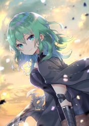 Rule 34 | 1girl, absurdres, byleth (female) (fire emblem), byleth (fire emblem), closed mouth, fire emblem, fire emblem: three houses, from side, green eyes, green hair, highres, holding, holding sword, holding weapon, looking to the side, nintendo, pantyhose, petals, shorts, smile, solo, sword, sword of the creator, upper body, weapon, yutsuchi