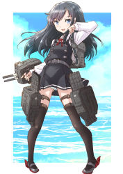 Rule 34 | 1girl, adapted turret, asashio (kancolle), asashio kai ni (kancolle), black hair, black thighhighs, blue eyes, blue sky, cannon, cloud, commentary request, dress, fuji (pixiv24804665), full body, highres, horizon, kantai collection, long hair, looking at viewer, machinery, ocean, pinafore dress, shirt, sky, sleeveless dress, solo, standing, thighhighs, torpedo launcher, turret, white shirt